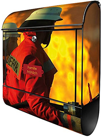 banjado® Design Briefkasten personalisiert Feuer 38,5x46,5x13cm & 2 Schlüssel - Briefkasten Stahl schwarz Zeitungsfach pulverbeschichtet - Postkasten A4 Einwurf inkl. Montagematerial