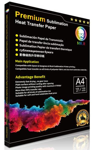 MR.R Papel de transferencia térmica por sublimación A4, 210 x 297 mm, 100 hojas, 105 g / m2, compatible con EPSON, SAWGRASS, RICOH, impresora de sublimación Brother