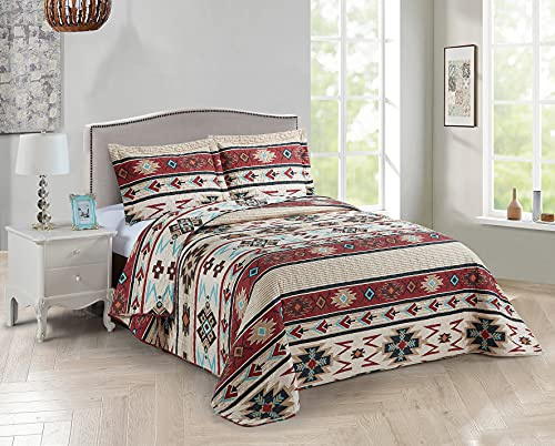 Rugs 4 Less Rustikale gestreifte Südwestliche Steppdecke, gesteppt, Western-Tagesdecke, Bettwäsche-Set mit Beige-, Braun-, Burgunder-, Türkis-, Stammes-, Indianer-Muster, Colorado (Full/Queen)