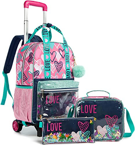 Egchescebo Zaino Trolley Scuola Elementare Bambina Ruote Regoli da Viaggio Carrello Porta per La Bimba Ragazza Rimovibile Cuore di Mamma Seven Media Asilo Bambino Superiori Rotelle 17 3pcs Rosa