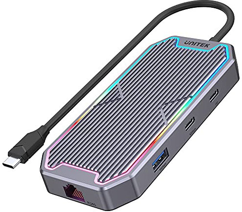 UnITEK Human friendly D1029A - Hub USB-C 7 en 1 UHUB S7+ Datos de 10 Gbps, HDMI y PD de 100 W, HDMI 2.0, USB 3.2 Gen 2, Active /2 Puertos USB-A / 2 Puertos USB-C/Mini Jack de 3,5 mm/RGB LED Lights