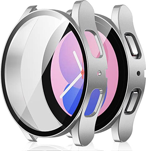Amizee 2 Stück Hard Hülle Kompatibel mit Samsung Galaxy Watch 5/Watch 4 Schutzhülle 40mm mit Glas Displayschutz, Ultradünn Kratzfeste Schutzhülle für Galaxy Watch 4/5 40mm (Silber/Transparente)