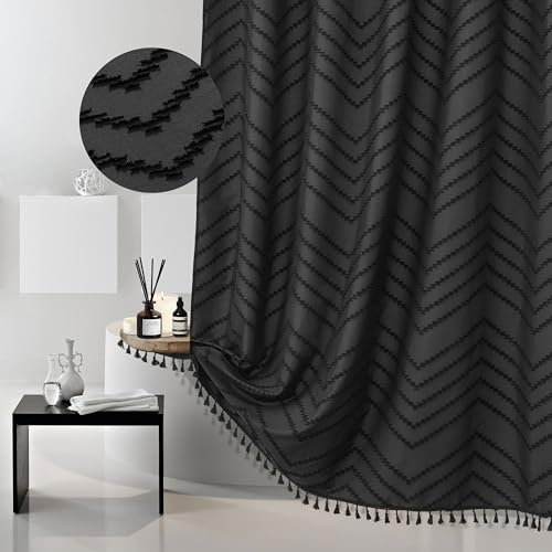 Rideau de douche extra long noir à chevrons de style bohème avec pompons, rideau de douche en tissu tissé à rayures touffetées, moderne et chic, décoration de salle de bain, 183 x 243 cm