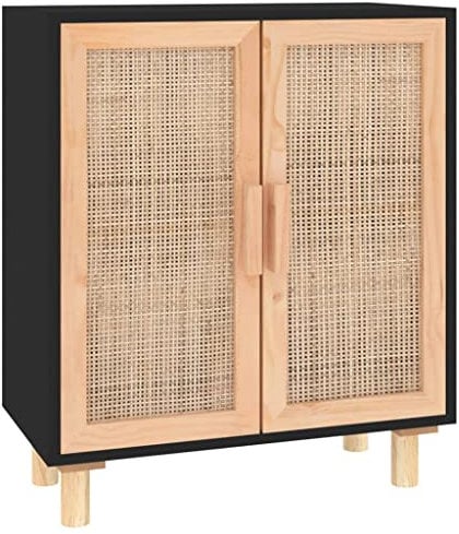 vidaXL Sideboard Schrank Anrichte Beistellschrank Kommode Mehrzweckschrank Standschrank Schwarz 60x30x70cm Massivholz Kiefer Natur-Rattan