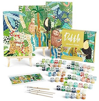 Dabble Premium Set Malen nach Zahlen für Erwachsene - 3 Stück - Mit Zubehör: Leinwand, Rahmen, Acryl-Farben, Pinsel, Blumen, Pflanzen - Abstract Jungle