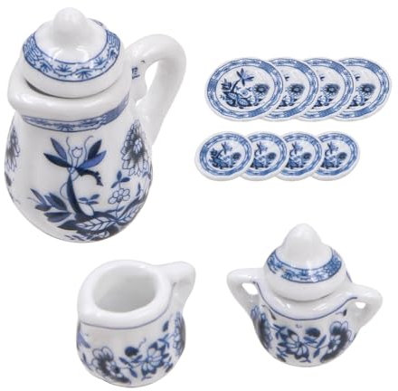 CENPEK Dollhouse Ceramic Tea Set 1:12 Dolls House Accessories with Mini Fork Spoon Cutlery for Dollhouse Scene Decoration - Blue and White Porcelain