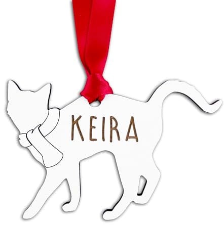 Personalised Cat Christmas Tree Decoration: Oak Veneer or White Wood: Design 1 - Personalise with any Name! (White Wood)