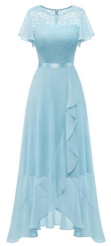 Berylove Robe de soirée longue élégante pour mariage, robe de cocktail avec fente, robe de cocktail pour femme, élégante avec manches, taille élastique, bleu clair, M