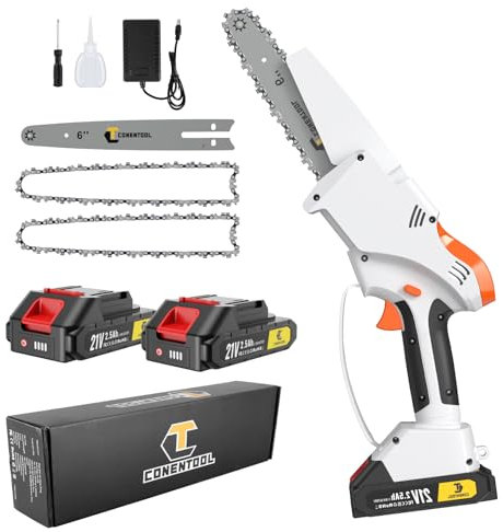 CONENTOOL Mini Kettensäge mit Akku 5000mAh, 6 Zoll Akku Kettensäge mit 2 Akku 2.5Ah und Ladegerät, 650W Einhand Kettensäge für Gartenscheren Astschere Holzschneidenz