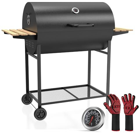 XXL Grill Grillwagen, BBQ Smoker, Holzkohlegrill mit Deckel, Holzkohle Grill Grillkamin Standgrill Räucherofen Zubehör, mit Grillhandschuhe