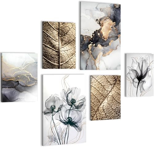 Novart Wandbilder Blumen Blätter - KOMPLETT AUFHÄNGFERTIG - Gold Grau Schwarz Wohnzimmer Schlafzimmer Flur - 6 Moderne Mood-Bilder - N032567a