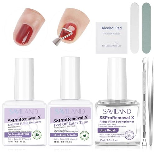SAVILAND 3-in-1 Gel Nagellackentferner Set: Acid Free Gel Polish Remover Für Schnelle Entfernung Mit Liquid Latex Peel off Nagellack & Nagelhärter Extra Stark Reich An Rizinusöl V E Für Schäden Nägel