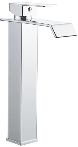 Sistaby Rubinetti miscelatore alto per lavabo da bagno miscelatore a cascata da bancone quadrato alto rubinetto per guardaroba monoblocco in acciaio inossidabile cromato con tubi G1/2 '' mono 1 foro