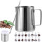 Pichet à Lait en Acier Inoxydable 350ml (12OZ) Milk Frother avec Repère de Mesure,Pot à Mousse de Lait avec Saupoudreur de Cacao,16 Pochoirs,Latte Art Pen pour Cappuccino, Expresso, Latte Art