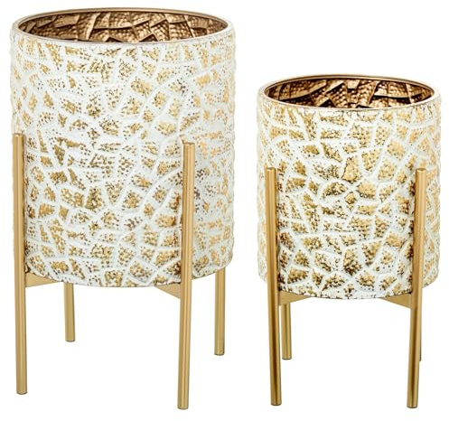 Set de 2 maceteros con Patas de Metal en Blanco y Dorado 36x36x59 cm