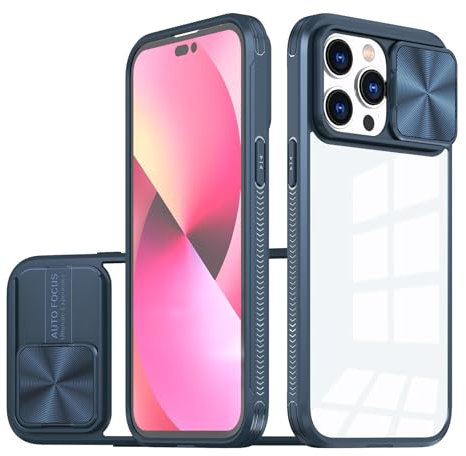 IMEIKONST Coque pour iPhone 14 Pro Housse de Protection avec Caméra Coulissante, PC + TPU de Qualité Supérieure Dos Transparent Antichoc Anti-Rayures Étui pour iPhone 14 Pro. Bleu Foncé CFMJ