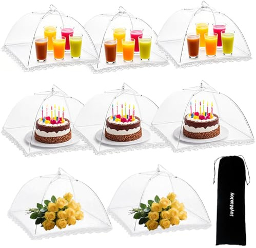 8PCS Mesh Food Covers, 17 Inch Pop Up Food Umbrella Tent Covers with Carry Bag, Fruit Cake Net Domes for Outdoors, Screen Tents, Parties Picnics, BBQs, Reusable and Collapsible (White-8PCS)