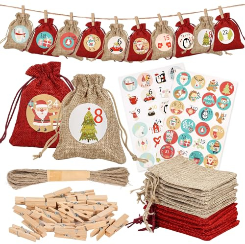 JANUIXCO Adventskalender zum Befüllen 2025 - Adventskalender zum Selber Befüllen mit 24 Beuteln, Zahlenstickern und Klammern - DIY Adventskalenders Säckchen