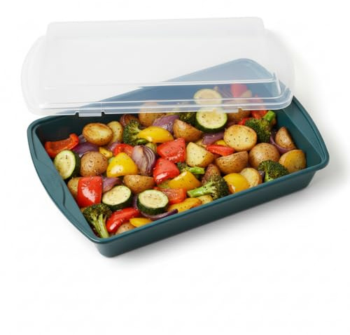 Non-Stick Roaster Pan with Plastic Lid – 38.5 x 24 x 5cm Carbon Steel Baking Pan for Cakes, Brownies, Roasts & Storage