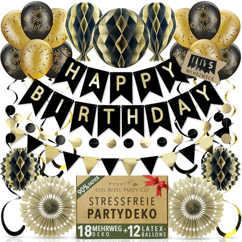 Premium Wiederverwendbare Geburtstagsdeko Mann - 5-in-1-Banner Schreibt Happy Birthday, Party Day + mehr, Schnelle Montage mit Klett - Schwarz Gold Deko Geburtstag / Partydeko + Luftballons