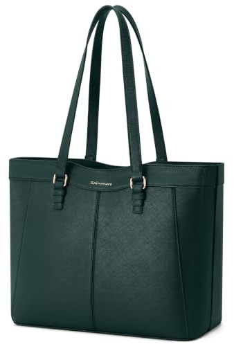 RAINSMORE Handtasche Damen Wasserdichte Shopper Tasche Laptoptasche Damen | 14-Zoll Arbeitstasche Schultertaschen Henkeltasche Tote Bag mit Reißverschluss für Arbeit Schule Einkaufen Business Grün