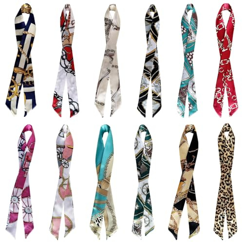 MNYXIS Lot de 12 Foulards Cheveux en Soie pour Femme, Ruban Cheveux et Bandeau Fin 90x4cm, Petit Foulard pour Sac à Main, Cou et Poignet, Accessoires de Mode Multicolores