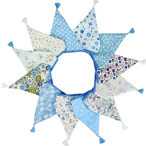 G2PLUS Fabric Bunting Banner with Tassel, 3.3M Double Sided Cotton Tassel Banner with 12 Blue Triangle Pennants, Vintage Cloth Garlands for Nursery Bedroom Playhouse Decoration