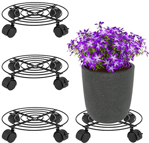MUKLEI Lot de 4 support a roulette plante, support pot de fleur roulette ronds en métal de 27 cm de diamètre avec roues verrouillables pour intérieur et extérieur, noir