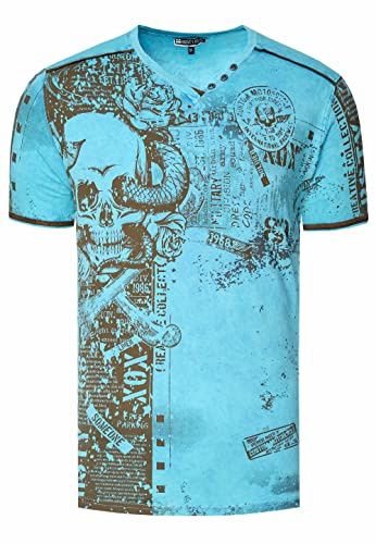 Herren T-Shirt All Over Skull X Snake X Rose Print Wildleder-Band Knopf-Verzierung V-Neck Stretch Streetwear Used-Look Shirt 293