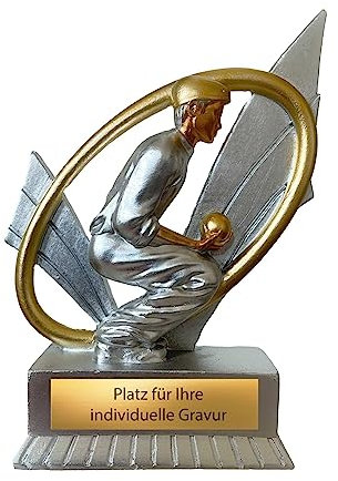 eberin · Boule · Pétanque · Bosseln · Boccia · Pokale · Spieler mit Boulekugel · Resinfigur Silber mit Gold · Boule Pokal personalisierbar · Größe 12 cm