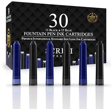 SCRIVI PENS Fountain Pen Ink Refills - Set of 30 Black & Blue Ink Cartridges - International Standard Size - Length APPR 2.04 Inch - Base Diameter APPR 0.24 Inch - Disposable and Generic