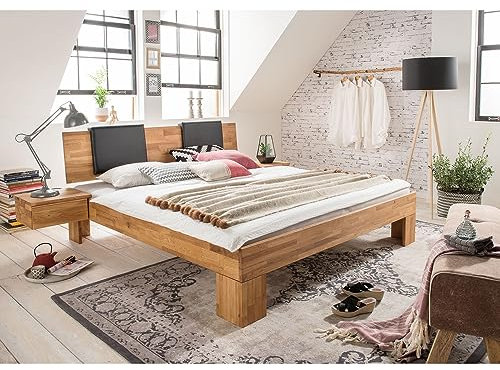 Lomadox Schlafzimmer Massivholz Bettgestell Doppelbett Schlafzimmerbett 180x200 cm mit Rückenkissen inkl. Schwebe-Nachttische Nachtkommode in Wildeiche massiv, B/H/T: ca. 272/88/213 cm