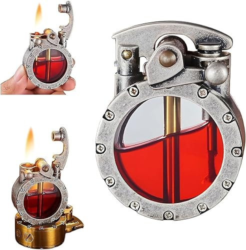 Vintage Trench Feuerzeug, transparentes Kerosin Antik Steampunk Feuerzeug, Soft Flame Rocker Pocket Feuerzeug, Cooles einzigartiges Feuerzeug für Männer (Silber)