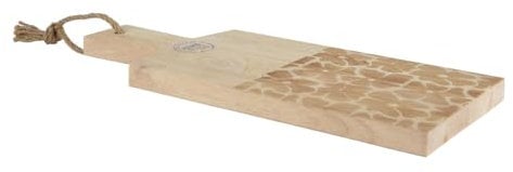 Decoris Schneidebrett 38x16cm Holz Mangoholz rechteckig mit Griff - Holzschneidebrett für Küche zum Aufhängen - Holztablett mit Blumenmuster zum Servieren - Küchenbrett Servierbrett - Natur Braun