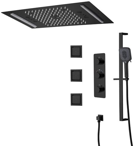 SWHC Musik Duschsystem mit Thermostat 64 Farben LED Unterputz Duscharmatur Set 2 Modi Digitalanzeige Handbrause 600 * 300mm Duscharmatur Komplettset mit 3PCS Körperdüsen, Duschstange höhenverstellbar