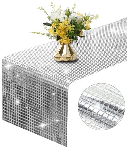 WWYSSZ Disco Deko Tischläufer, 30 X 275 cm Party Silber Pailletten Tischdecke für Retro 70er 80er Jahre Discokugel Geburtstag Tanzparty