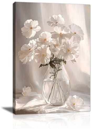 Blanc Fleurs S'épanouissant au Soleil Tableau Décoration Murale Salon Impression sur Toile Élégant Blanc Floral Image sur Toile Abstraite Peintures sur Toile Décor Murale pour Chambre Maison 40x60cm