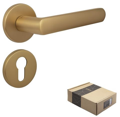 APECS Maniglia per porte interne, dorata opaca, moderna, per porta di casa e porta interna, con rosette rotonde, con materiale di fissaggio, guarnizione per porta, modello KUMA PZ – Cilindro profilato
