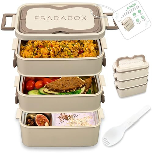 FRADABOX® Bento Lunchbox „Robin“ 2700ml, 3 Etagen mit Besteck und Fächern, Premium Edelstahl Dose, BPA-freie Brotdose groß, Meal Prep Bento Box für Erwachsene auslaufsicher und mikrowellengeeignet