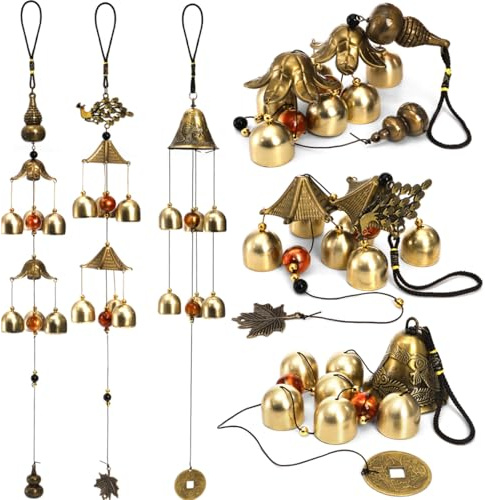 Eorbow Lot de 3 carillons éoliens porte-bonheur chinois Feng Shui, 6 cloches vintage à suspendre avec une gourde dragon paon pour bénédiction porte-bonheur et richesse, décoration de maison, jardin,