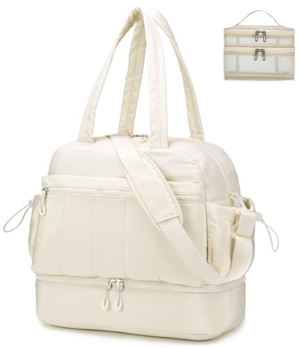 BAGZY Reisetasche Damen Groß Puffer Bag 32L Handgepäck Tasche Travel Duffle Bag Sporttaschen Weekender Mommy Kliniktasche mit Nassfach Schuhtasche für Flugzeug Sport Gym Travel Beige