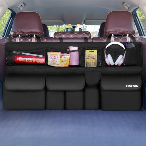 Einesin Organizador Maletero Coche Colgante con 9 Bolsillos, organizador Furgoneta, Organizador Coche Impermeable Plegable,105 x 52 cm, Color Blanco