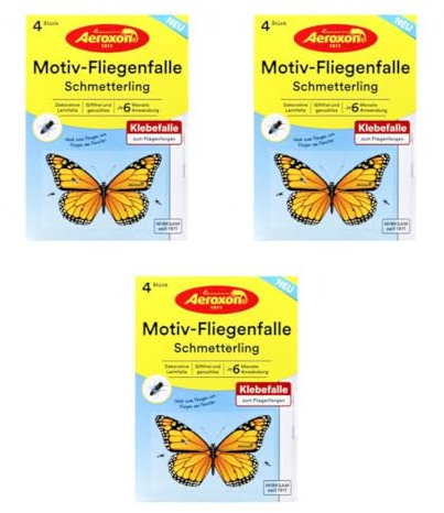Aeroxon Motiv-Fliegenfalle Schmetterling, 4 Stück, Klebefalle mit 6 Monate Wirksamkeit, 3er-Pack