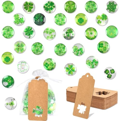 MARFOREVER Vierblättriges Kleeblatt Glassteine Sets, 25 mm Kleeblatt Glücksbringer Glassteine mit Organzasäckchen und Geschenkanhänger für Schmuckherstellung Heimdekoration DIY Handwerkliche