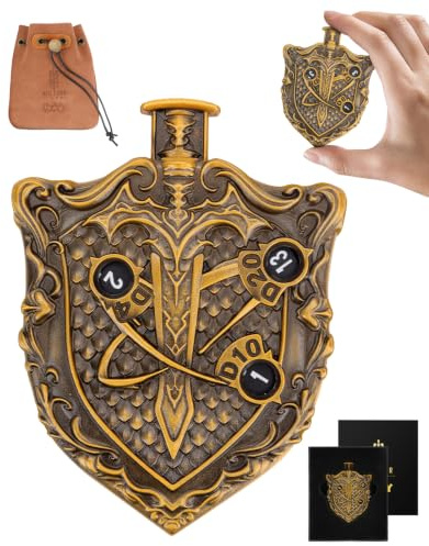 MinZerTRPG Roulette Würfel 3.0 – Einzigartiger mechanischer Spinner-Würfel für Tisch-RPG | 7-in-1 DND-Würfel-Set aus Metall mit Ledertasche | Fidget EDC, Geek Geschenk für TTRPG Gamer & DM (Shield of