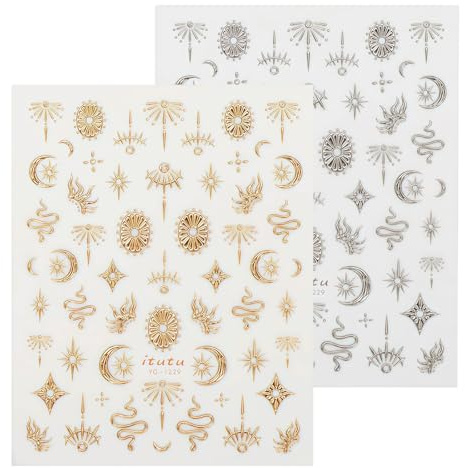 2 Pcs Goldene Boho-Nagelsticker FüR Nagelkunst, Goldene Stern-, Mond-, Sonnen- Und Schlangenmotive, 5d-GepräGte Nagelsticker, Selbstklebende Sticker FüR DIY-Nageldekoration