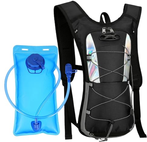 Mochila de Hidratación con Bolsa de Agua 2L, Mochila Hidrófugo para Running y Ciclismo MTB con Red para Casco y Tiras Reflectantes - Ligera Unisex para Trail, Senderismo, Maratón