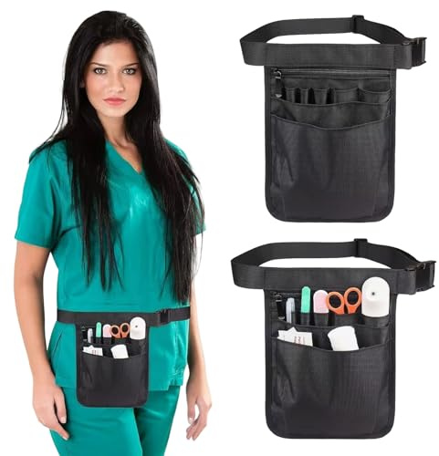 PYRUVAE 2 Pièces Pochette Infirmière Ceinture, Sacoche Serveur Organisateur de Travail 18x25cm, Sac Banane Réglable Multi-Compartiments pour Aide Soignante, Infirmières et Travailleurs (Noir)