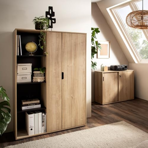 Lomadox Büromöbel Set in Eiche gestreifter Frontoptik 3-teilig mit Hochschrank Regal offen Aktenschrank Home Office