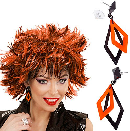 NET TOYS 80er Jahre Ohrringe Rhombus Damenohrringe Schwarz-Orange Modeschmuck Ohrstecker 80s Ohrschmuck Neon
